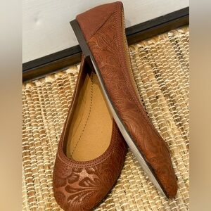 NWOT J JILL s6 leather ballet flats-hand tooled boho floral-luggage brown